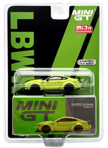 Mini GT 1:64 LB-WORKS Ford Mustang diecast car, lime green in blister pack