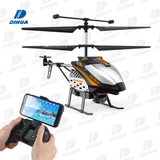 Gray RC helicopter drone with camera, remote controller and phone screen.