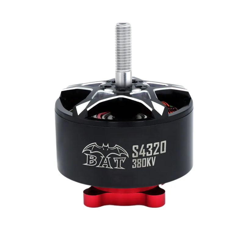 S4320 380KV FPV drone motor, black with red mounting base and silver shaft