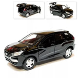 Black diecast model car, front three-quarter view, 1/36 scale