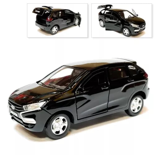 Black 1/36 diecast car model with detailed grille and wheels, 3/4 front view