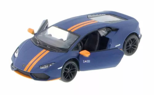 Blue diecast sports car with orange racing stripes, front three-quarter view, black wheels