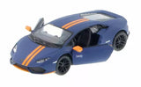 Blue diecast sports car with orange racing stripes, front three-quarter view, black wheels