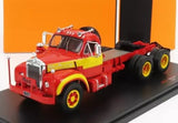 Diecast truck tractor model, red and yellow cab with chrome grille, black tires.