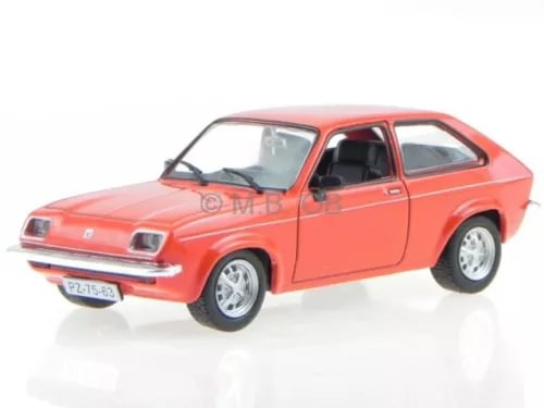 Red 1:43 diecast model car with front-left view and chrome wheels