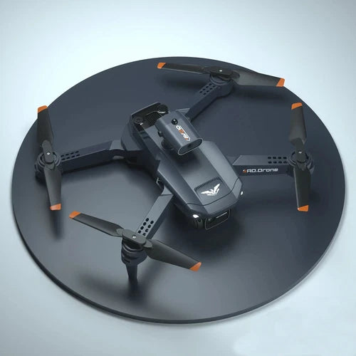 FPV quadcopter drone with dark body and front camera module, four propeller arms