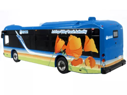 Blue diecast transit bus model, detailed graphics, rear and side view