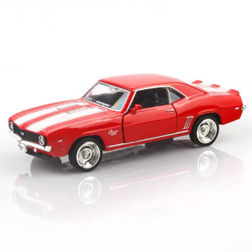 Red 1/36 scale 1969 Camaro SS diecast car with black stripes and white decals