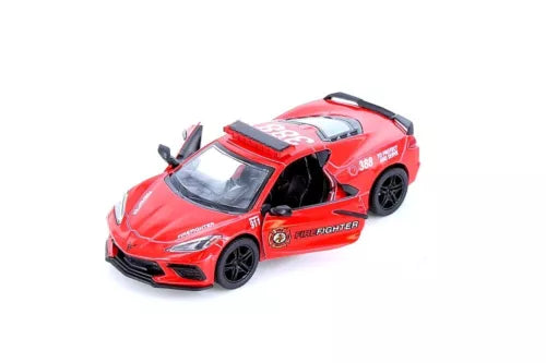 Red diecast fire fighter toy car, front-left 3/4 view, detailed wheels and graphics