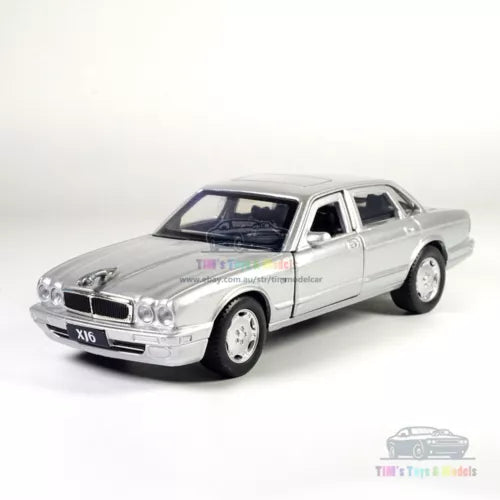 1/36 scale silver Jaguar XJ6 diecast model car, front 3/4 view