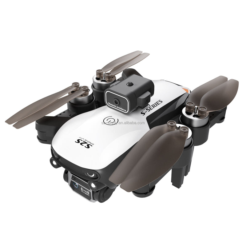 Compact quadcopter drone with propellers and onboard camera, white and dark gray
