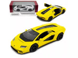 Yellow Lamborghini Countach diecast toy car with black accents, 1:36 scale.