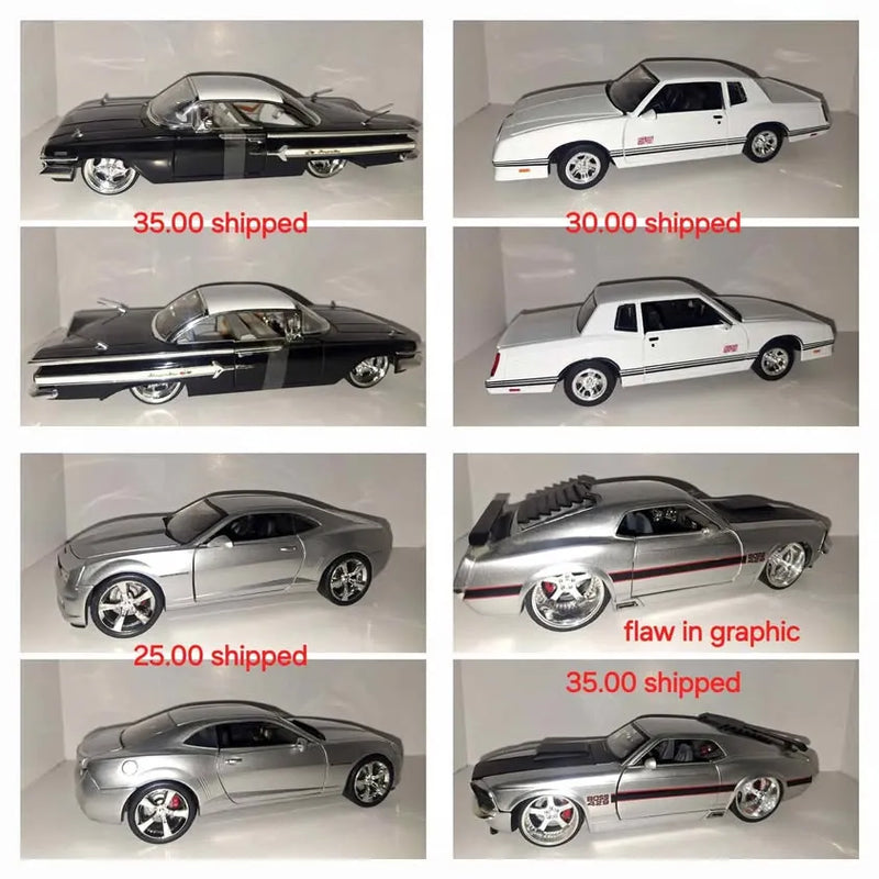 1/24 scale diecast sports car, silver with red stripe, front and side views