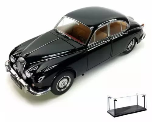 Diecast car model with clear display case, black with chrome trim