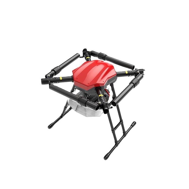 Agricultural plant protection drone rack with red sprayer module and black frame
