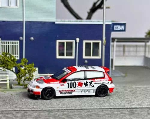 White and red diecast racing hatchback model car with detailed decals and wheels