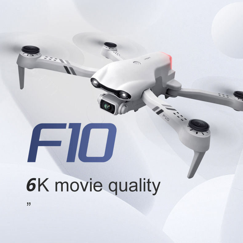 F10 quadcopter drone with dual camera, white body and four propeller arms