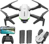 FPV quadcopter drone with camera, controller, and spare batteries shown, gray and black