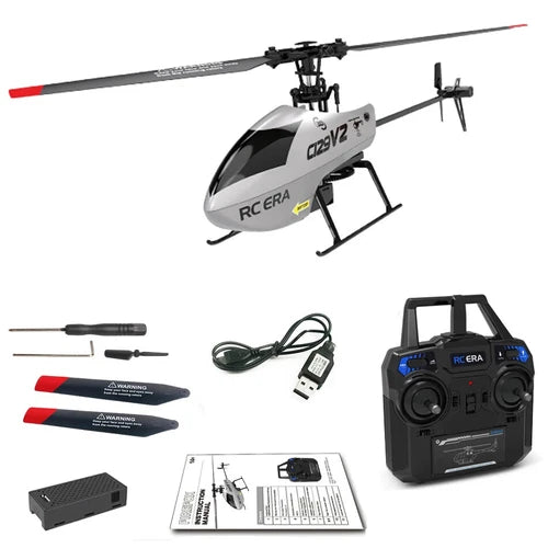 RC helicopter toy with black gray fuselage, red stripe, and 4-channel remote controller