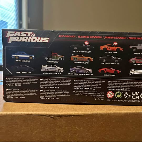 Fast & Furious diecast car box back with vehicle lineup and details