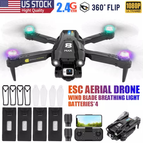 Foldable dual-camera quadcopter drone with LED lights and 4 propellers