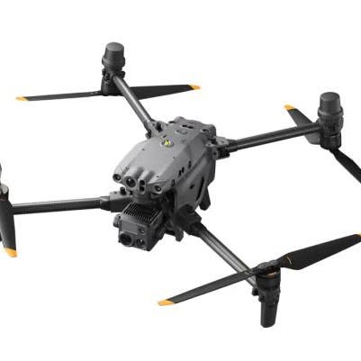 Quadcopter drone with gray central body, four black arms and propellers