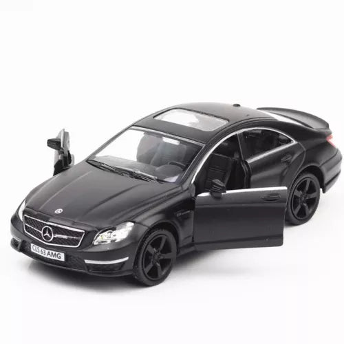 Matte black 1:36 diecast model car with front door open, black wheels
