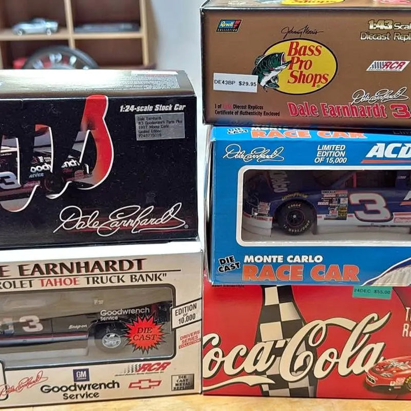 Diecast race car box set with Dale Earnhardt models, including Bass Pro Shops and Coca-Cola