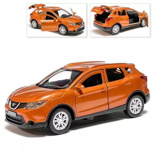 Orange metal diecast SUV model car, front three-quarter view