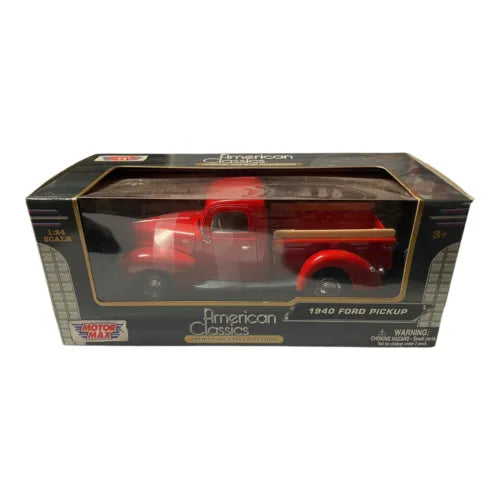 Red 1/24 scale diecast pickup truck, 1940 Ford style, in retail box packaging