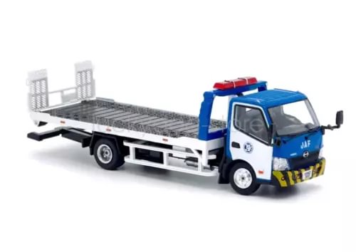 Diecast flatbed tow truck model, blue cab with white body and gray flatbed deck