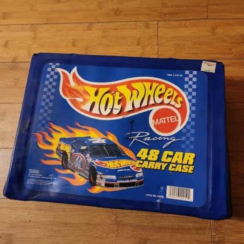 Hot Wheels diecast car carry case box, blue with racing car graphic and flame logo