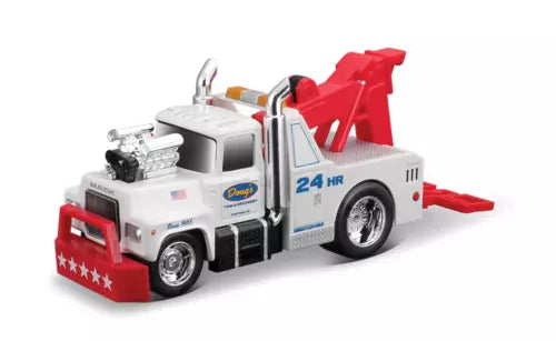 White diecast tow truck model toy with red boom and chrome wheels