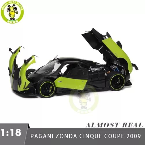 1:18 Pagani Zonda Cinque coupe diecast model, green and black with raised hood