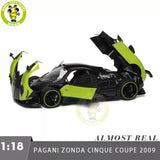 1:18 Pagani Zonda Cinque coupe diecast model, green and black with raised hood