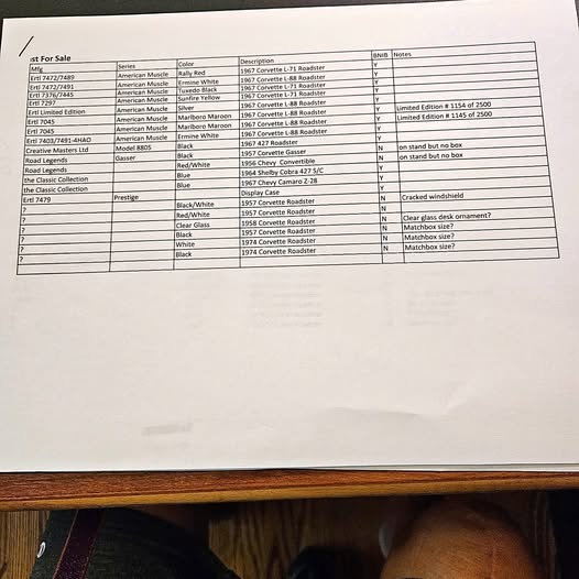 Diecast car listing sheet with For Sale table and handwritten notes