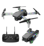 Gray dual-lens RC drone with LED lights and foldable prop arms, plus remote controller