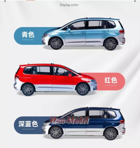 1:18 diecast model car, three side views in blue, red, and dark blue
