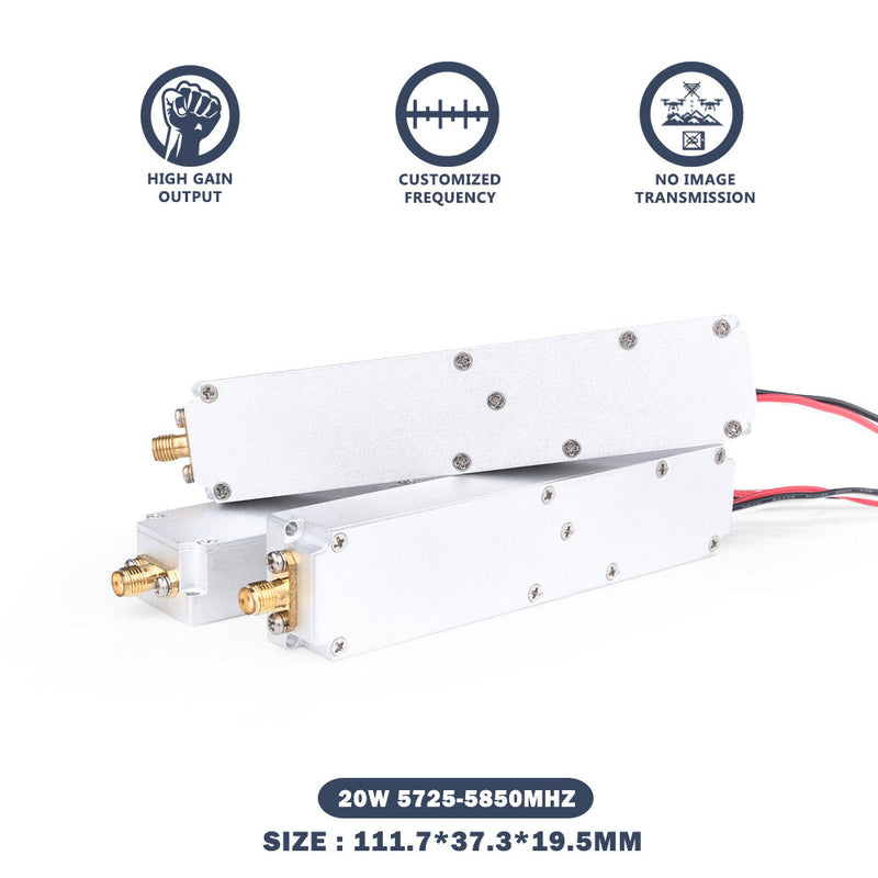 RF GaN VCO module with metal case, SMA connectors, and red/black wires