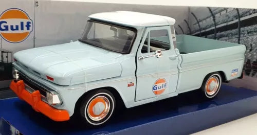 Light blue 1966 Chevrolet C10 fleetside pickup diecast model with orange wheels