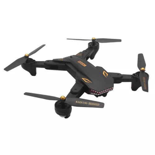 Foldable black quadcopter drone with four propellers and front camera module