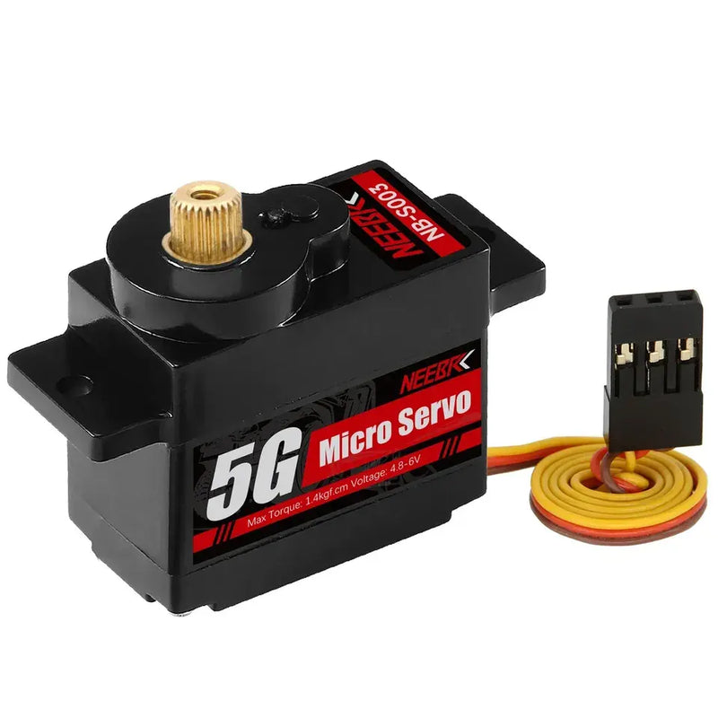 Black micro servo with gold output shaft and 3-wire connector, 5G Micro Servo label