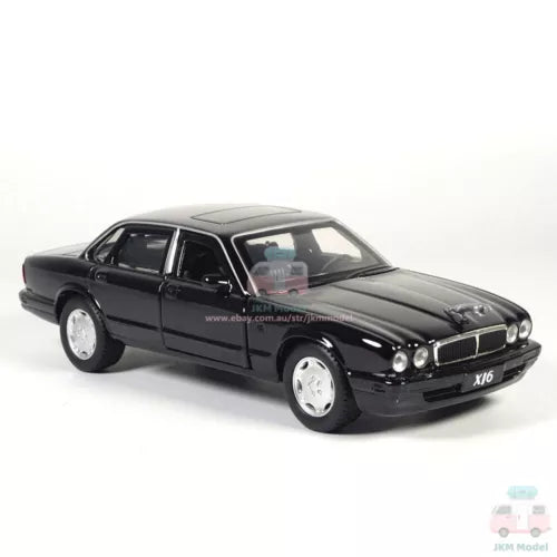 1:36 scale Jaguar XJ6 black diecast model car with chrome grille and headlights