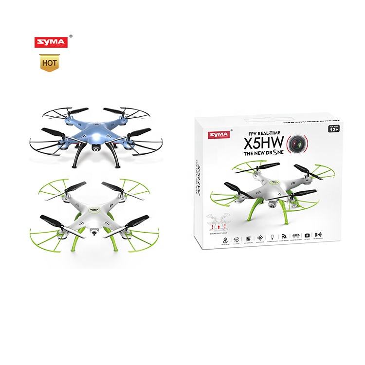 Toy quadcopter drone with blue body, black propellers, and LED lights, in retail box