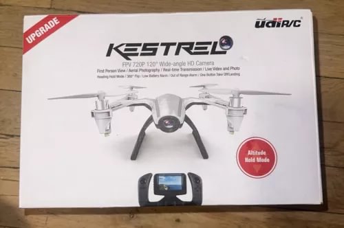 UDI RC Kestrel FPV drone box with quadcopter illustration and altitude hold badge