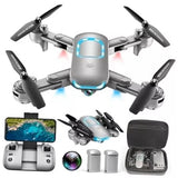 Gray foldable quadcopter drone with four propellers and FPV camera, blue status lights