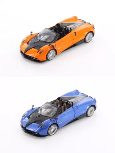 Diecast roadster car set, orange and blue 1:24 scale models with detailed wheels