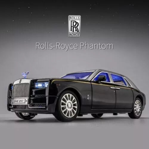 Black Rolls Royce Phantom diecast model car with blue headlights and grille detail