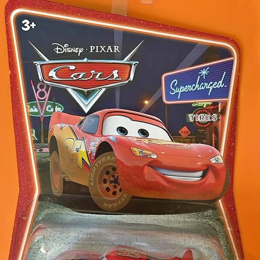 Boxed diecast race car, red cartoon style, Supercharged graphics, 3+ age