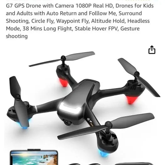 Quadcopter drone with camera, four propellers, black and gray body.